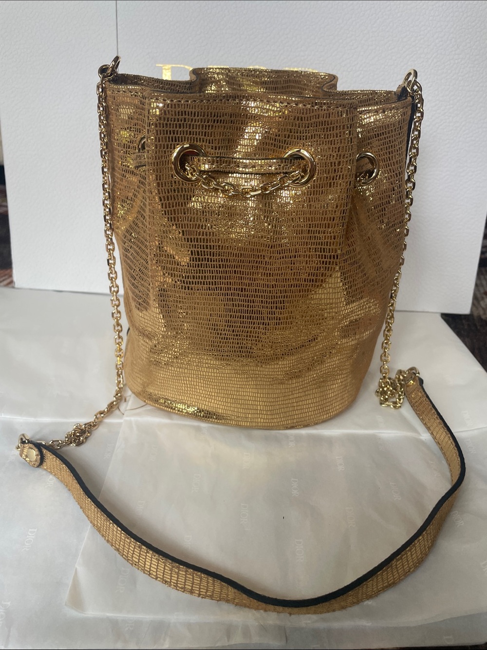 Authentic Gianni Chiarini Gold Chain Accent Bucket Bag Luxury Shoulder Crossbody - Picture 11 of 14